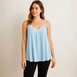 Ours Medium Light Blue Lace Trim Tank Top